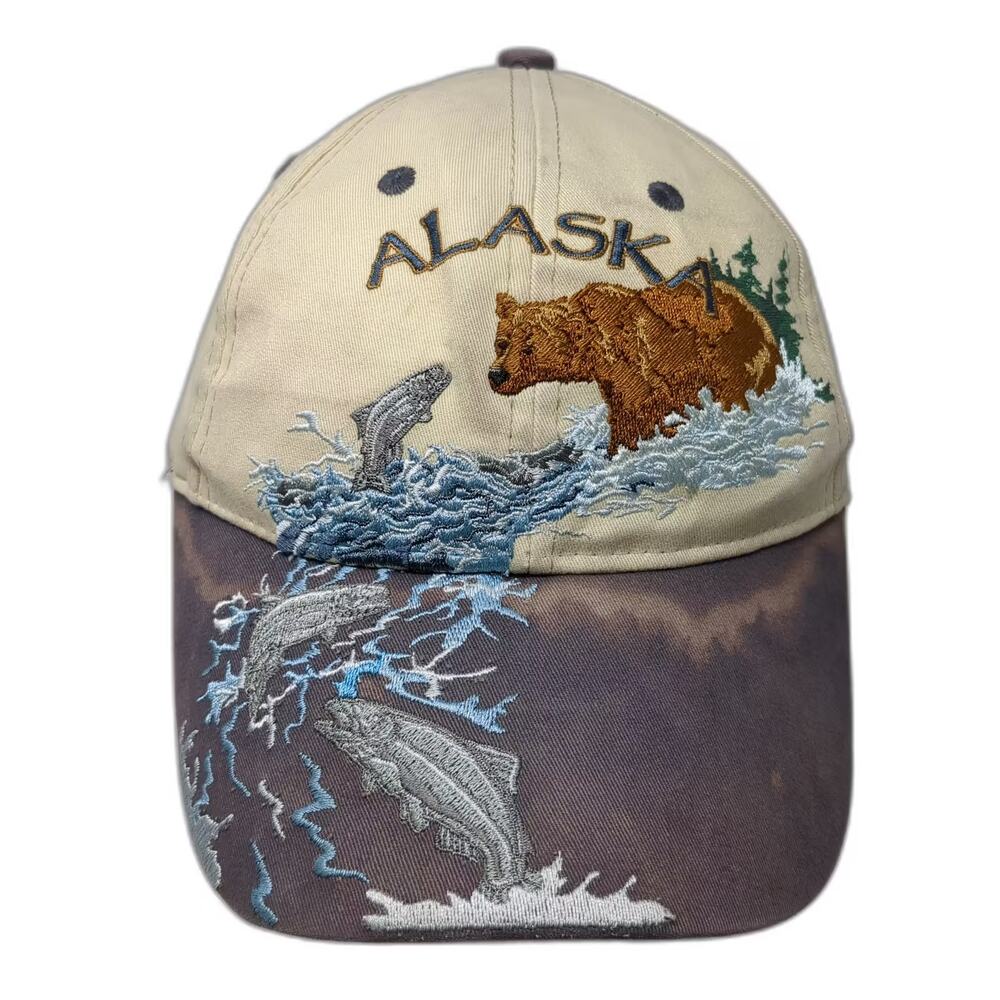 Arctic Circle Alaska Bear Salmon Embroidered Baseball Cap Beige One Size Hat
